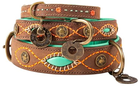 Dog with a Mission - Hundehalsband S | Braun, Mint, Bestickt | Boho, Ethno, Urban, Hippie | Mittelgroße Hunde | Handgemacht | Modisch und Bunt | Aus weichem Echtes Leder | 2,5 cm Breit