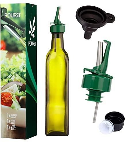 Poura Bottiglia Olio d'Oliva e Aceto con Dispenser Olio, Set di Bottiglie Vetro 500 ml con Tappo Dosatore Salvagoccia ClickSeal, Fornito di Imbuto in Silicone, Accessori da Cucina