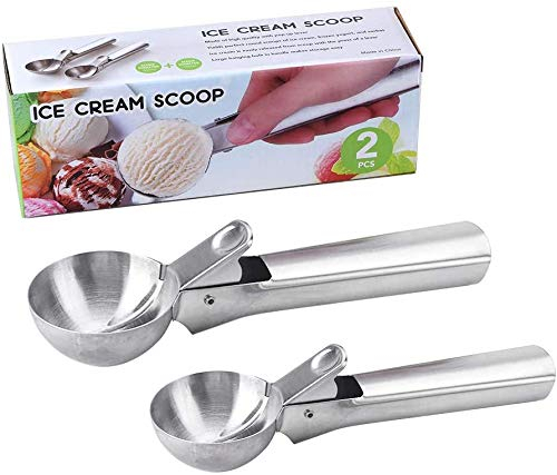 Linwnil Lot de 2 cuillères à glace solides avec petite et grande cuillère à glace avec gâchette, en acier inoxydable, facile à utiliser et à nettoyer