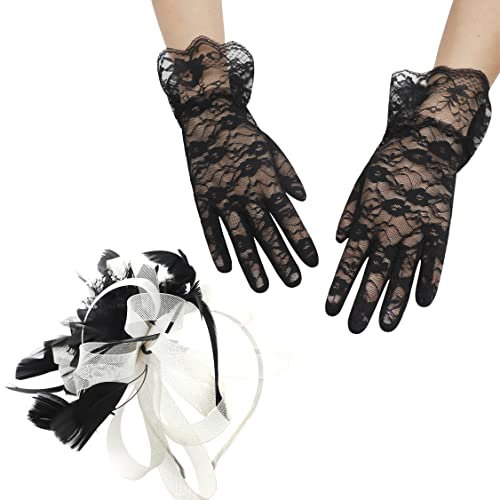 YJZQ Damen Fascinator Hut Feder Blumen Kopfschmuck Vintage Haarclip Braut Haarschmuck mit Spitzen Handschuhe Hochzeit Haar Clip Haarband für Cocktail Tee Party Kirche