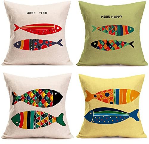 AKIS Home Kissenbezug 45x45cm 4er-Set Fisch Cartoon Muster Nordic Style Kissenbezüge Sofakissen Kinderkissen Kissenhülle für Wohndeko Schlafzimmer…