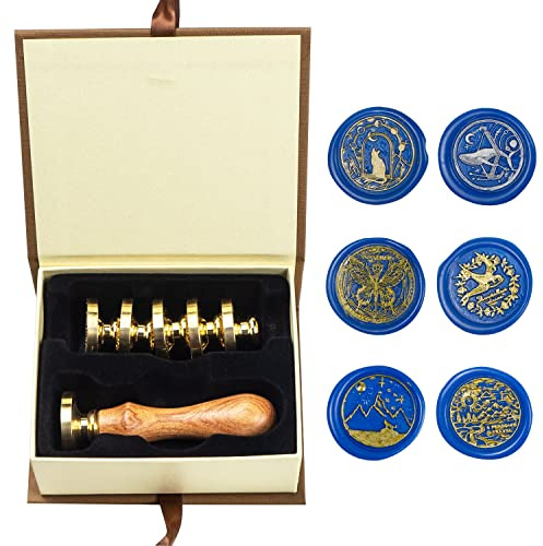 Wachs-Siegel-Stempel-Set, ANBOSE Tier Wachs-Siegel-Stempel-Set mit 6 PCS abnehmbare Messingköpfe und 1 Holzgriff, Katze Wal Schmetterling Schwalbe Siegel Wachsstempel für Karten Einladungen, M