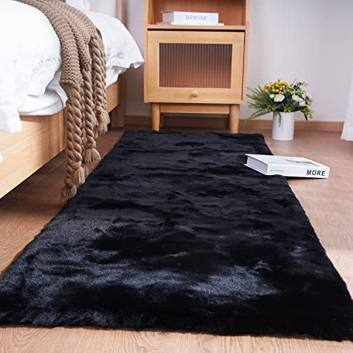 Ghouse Faux Tappetto di Pelle di Pecora Tappeto a Pelo Corto Lavabile Fluffy Uni Effetto Pelliccia Antiscivolo Facile da Pulire, Dimensione:90 x 150 cm, Colore: Nero