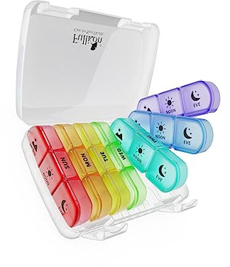 Fullicon Weekly Pill Organizer 3 Times A Day for Travel, Spill Proof 7 Day Holder, Large for Medicine, Vitamin, Fish Oil, and Supplement (Clear Rainbow)