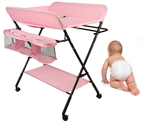 Homewell Baby Blöjdkombi skötbord, hopfällbart mobilt skötbord, med skötdyna, säkerhetsbälte, förvaringsfack, sött mönster och höjdspecifikation, stabil och bekväm (rosa-djup)