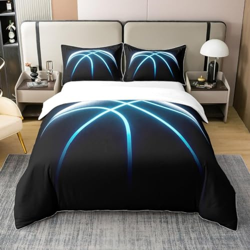 Juego de cama de algodón para niño joven, funda nórdica de 140 x 200 cm, tema deportivo, conjunto de ropa de cama con líneas azules a rayas de neón y cubrecama jugador de baloncesto