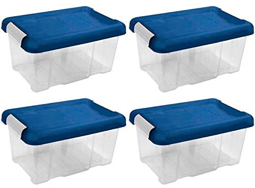 Acan Tradineur - Confezione da 4 Scatole di ordinamento in plastica - N. 10 - Trasparente con coperchio blu - Modello HG - Capacità 5 l - Dimensioni circa: 19 x 30 x 14,5 cm