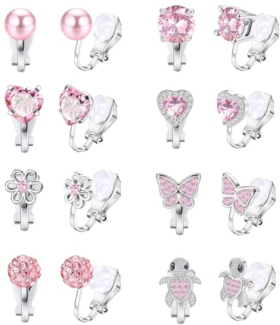 8 Paar Ohrclips für Mädchen und Kinder - Hypoallergene Clip Ohrringe Ohne Ohrloch - Rosa Schmuck für Kinder