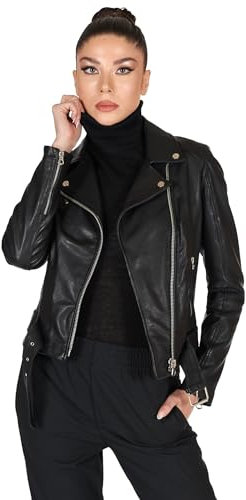 D'Arienzo Veste en Cuir Noir Femme Blouson à Ceinture Vintage Motard Cuir Véritable Made in Italy Chiodo D S/Noir