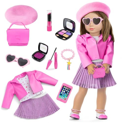 American 18 Inch Doll Makeup Accessories And Clothes,Tote Bag Set For 18 Dolls Include Berets Outfits Sunglasses Phone Eye Shadow Lipstick Blusher Bracelets Eyelash Brush Toy Stuff(No Doll And Shoes)