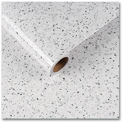 CRE8TIVE Papier peint autocollant en granit brillant - Blanc - 60 cm x 300 cm - Film adhésif pour meubles - Terrazzo - Film adhésif pour meubles, cuisine, salle de bain, armoire, plan de travail