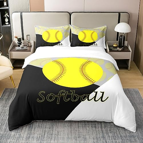 Loussiesd Softball 100% Baumwolle Bettwäsche Set 155x220cm für Jungen Sport Thema Bettbezug Set Raum Dekoratives Geschenk für Softball Liebhaber Bettwäsche Ball Spiele Gelb Schwarz Weiß Betten Set