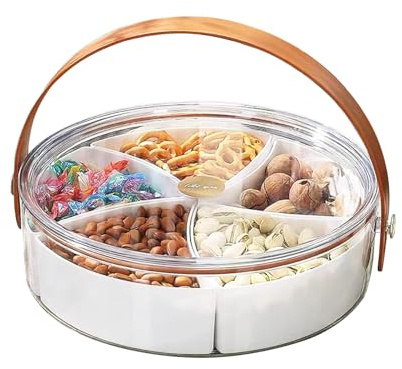 OCCOUMR Snackbox, Snackbox mit FäChern, Tragbar Snackteller, 5 Fächer, Rund, Durchmesser 26 cm, mit Luftdichter Deckel und Griff, für Obst, NüSse und Snacks, Geeignet für Partys, Reisen, Picknicks