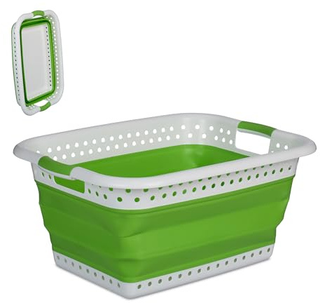 Relaxdays Cesta Plegable Colada, 36 L, Plástico, con Asas de Transporte, 26,5 x 61 x 45 cm, Canasto Ropa, Verde/Blanco