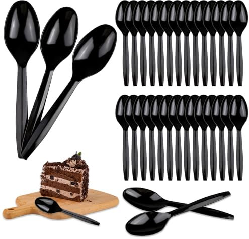200 Stück Plastiklöffel, Transparent Eislöffel Plastik, Wiederverwendbar Plastik Löffel, 13.8cm Robust Klein Dessertlöffel Plastikbesteck für Desserts Kuchen Obst Salate Mousse Eislöffel (Schwarz)