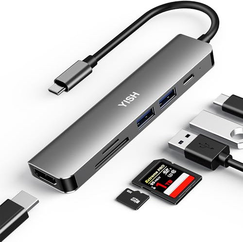 YISH Hub USB C 6 Puertos：USB C Hub con PD100W, HDMI 4K, 2 x USB A, Lector de Tarjetas SD/TF para Ordenador de Sobremesa, Portátil, Teclado, Disco USB, Disco Duro Gris Portátil