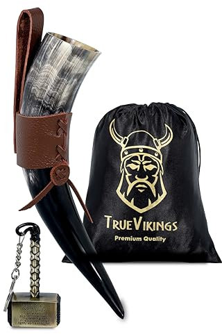 TRUE VIKING Drinking Horn | Viking Gifts for Men & Women | Thor Bottle Opener | 100% Handmade & Real OxHorn | Norse Viking Cup Perfect For Beer, Ale, Mead, Whiskey (8-10 Oz) (Horn With Holster)