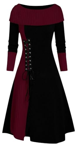 Onsoyours Strickkleid Damen Elegant Langarm Festlich Kleider Warme Tunika Freizeitkleid Neck Cinched Streifen Flare A-Linie Party Kleider Herbstkleid Abendkleider Ethno Stil 01 Weinrot XS