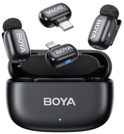 BOYA mini Microphone Wireless for iPhone, Andriod, 5g Ultralight, Wireless Lavalier Microphone, AI Voice Changer, AI Noise Reduction, Lapel Phone Mic, 30h Use, Clip on Mic with USB-C/Lightning