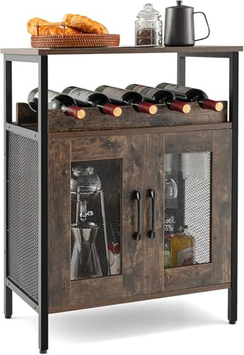 FANTASK Armario de Vino de Madera con Estante extraíble para Vino, Armario de Cocina con Soportes de Cristal Integrados, aparador Vintage