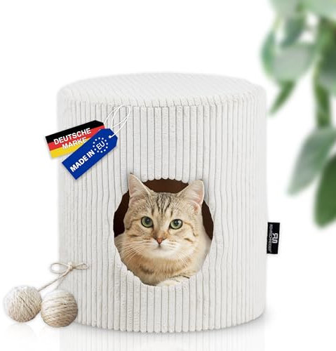 Rohrschneider Katzenhöhle Cord | Made in EU | Katzenbett mit waschbarem Katzenkissen | Katzenhaus Indoor | Sitzgelegenheit bis 60kg | ca. Ø 32 x H 34 cm | beige | inkl. Spielkugelset