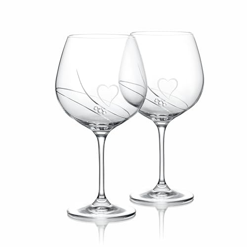 Brilant Set di 2 bicchieri da gin tonic con incisione – Set di bicchieri da gin con cristalli premium e motivo a cuore spazzolato a mano, senza piombo, perfetti come regalo di matrimonio o di