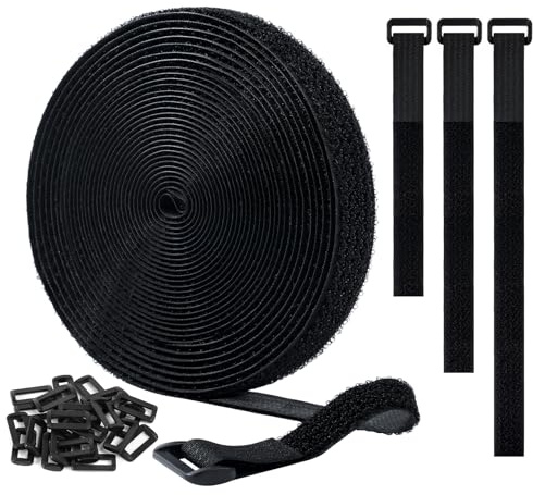 Ainiv Fascette Fermacavi da 5m x 2.5cm con 25 Fibbie, Fascette a Strapp Riutilizzabili, Regolabili, Tagliabili a Misura, Organizzatore di Cavi e Fili Multiuso, Fettuccia Nylon Nero per Ufficio,Casa | Fermacavi a taglio libero, gancio e anello, organizer multiuso per ufficio, casa (5 m x 2,5 cm, nero)