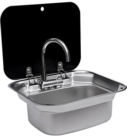 Kit d'évier en acier inoxydable pour camping-car - Robinet pliable et couvercle en verre trempé - 42 x 37 cm - Évier compact avec pompe/bidon - Certifié TÜV pour camping-car, bateau, bar (noir/argent)