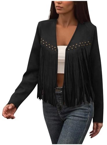 Fringe Jackets for Women UK - Faux Suede, Western Cowgirls Style, Long Sleeve, Collarless, Tassel, Open Front Cardigans, Cropped Jackets for Casual Motorcycle Party, Black, M