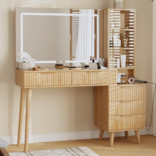 Onaninso Tocador con espejo LED grande de 90 cm, diseño estriado, estante lateral con puerta de cristal, enchufe integrado y tablero de cristal templado con 5 cajones para dormitorio (nogal)