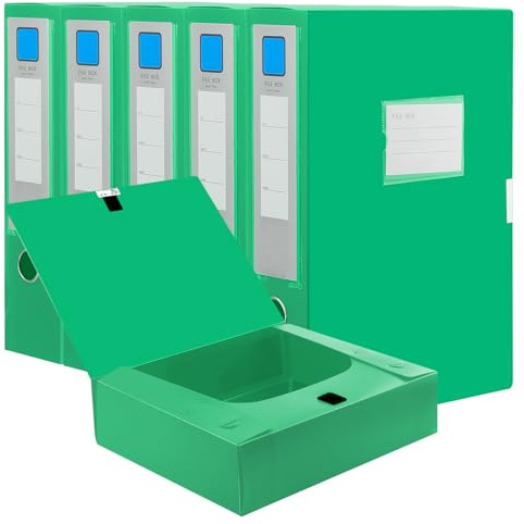 JEUIHAU 6 Pack Box Files A4, Collapsible Filing Folders with Ring Pull, 75mm Spine, Foolscap File Boxes for Home Office Organizing Documents - Green