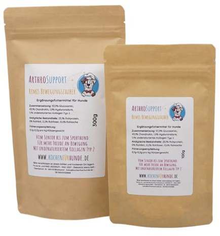 ArthroSupport für Hunde - Remis Bewegungszauber, Gelenkunterstützung mit Glucosamin, Chondroitin, Hyaluronsäure, undenaturiertes Kollagen Typ 2, 100g Packung