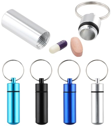 Pack of 4 Small Pill Box with Keyring - Portable Mini Pill Organiser Made of Metal for Travel, Waterproof Pill Holder, Daily Dispenser, for Travel and Outdoor Use