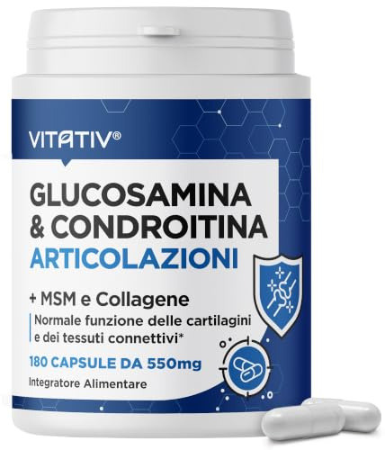 VITATIV Integratore Articolazioni Glucosamina Condroitina MSM, 180 Capsule | 1500 mg Glucosamina Vegetale, 300 mg Condroitina Bovina, Collagene e Vitamina C, Cartilagini, Tessuti Connettivi, 45 Dosi