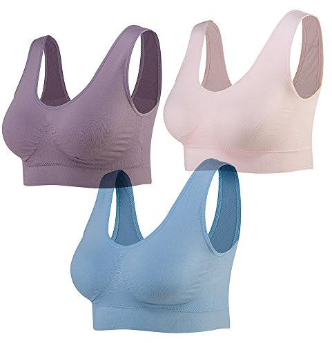Lemef 3-Pack Seamless Sports Bra Wirefree Yoga Bra with Removable Pads for Women, Pink&blue&purple, XL