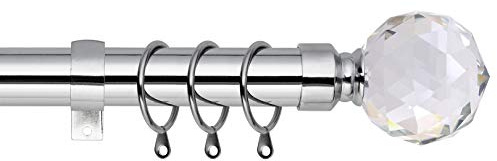 Crystal Ball Extendable Curtain Pole. Includes Pair Of Superior 60mm Size Finials, Rings, Brackets & Fittings Set. (Chrome, 120cm - 210cm, 48 inch to 83 Inch)