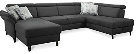 CAVADORE Wohnlandschaft Ammerland mit Federkern, Schlafsofa mit Bettfunktion und Bettkasten, inkl. Kopfteilverstellung, 317 x 84 x 193, Lederoptik dunkelgrau