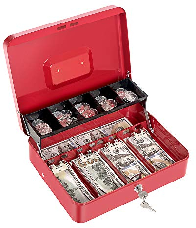 Cash Box with Money Tray and Key Lock Large Metal Money Safe Box with Cantilever Coin Tray, Lock Box for Money 11.8 x 9.4 x 3.54 Red