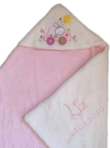 Kapuzendecke/Kapuzentuch mit Name u. Geburtsdatum Bestickt/Kapuzen Decke aus Nicki - kuschelig warm / 75 x 75 (Weiss/Rosa - Auto)