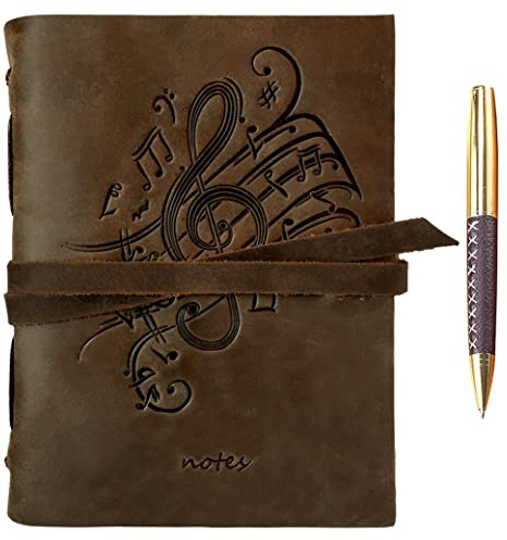 Diario De Piel Auténtica Con Diseño De Notas Musicales En Relieve A5 Hecho A Mano Diario De Viaje Cuaderno De Escritura Vintage Para Hombres Mujeres Piel Rústica Antigua 15x20cm + Bolígrafo