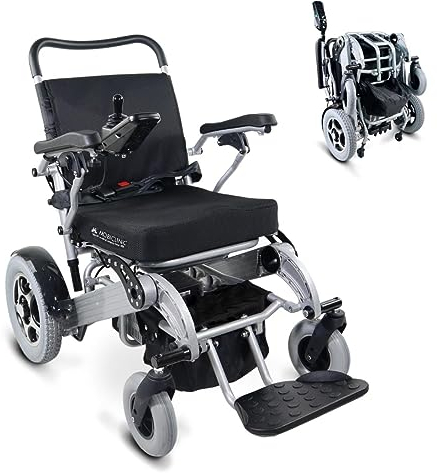 Mobiclinic®, Sedia a rotelle elettrica, Mod. troya plus ultra, Marchio europeo, Pieghevole, Alluminio, Con motore, Carrozzina per anziani, Seduta 45 cm, Auton. 51 km, 3x24 v, Max.120 kg