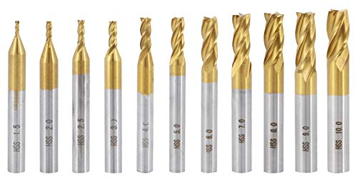 DingGreat 11 Stück Schaftfräser, 1.5–10 mm, Titanbeschichtung, 4 Flöte Schaftfräser, Werkzeug-Set für Holz, Aluminium, Stahl, Titan, CNC-Fräsen