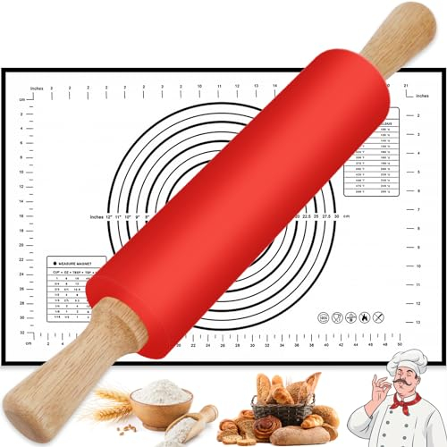 Rolling Pin and Baking Mat | Smooth Non Stick Silicone Rolling Pins | Professional Dough Roller with Wooden Handle for Pastry Pizza Fondant Icing | Idea Gift for Kitchen Gadgets | 17 Inch