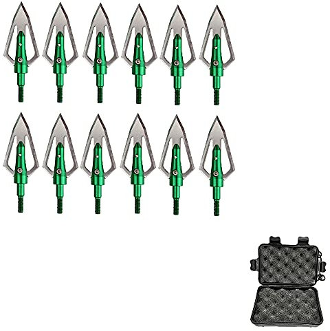 wolfman 12 PCS 100 Grains Archery Pfeilspitzen Jagdspitzen Arrow Broadheads mit 2 Klingen Schraubspitze Bogensport Außen Jagd Pfeilspitze Bogenschießen Bogenjagd mit Aufbewahrungsbox (Grün+case)