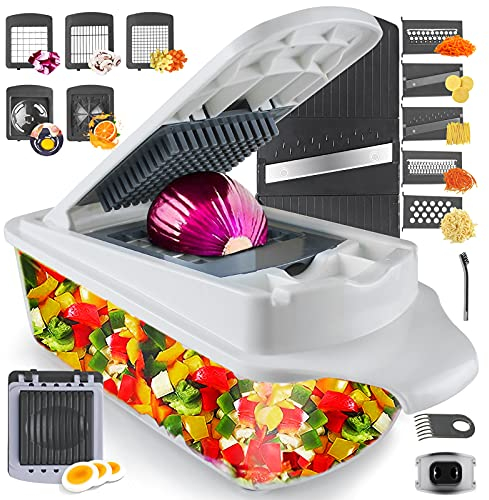 RüK 22-in-1 Gemüseschneider Zwiebelschneider, Mandoline Gemüsehobel, Zerkleinerer, Obstschneider - Vegetable Chopper, ABS