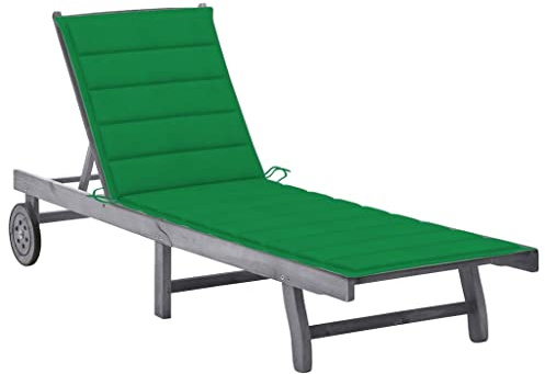 vidaXL Akazienholz Massiv Sonnenliege mit Auflage 2 Rädern Gartenliege Relaxliege Holzliege Gartenmöbel Liege Saunaliege Strandliege Grau