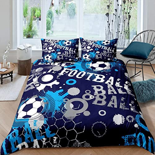 XCWDC Housse de Couette 220x240, Ballon de Foot Bleu Thème Parure de Lit 2 Personnes 3D Imprimée Microfibre + 2 taies d'oreiller 65x65 cm pour Adulte Ado, avec Fermeture éclair