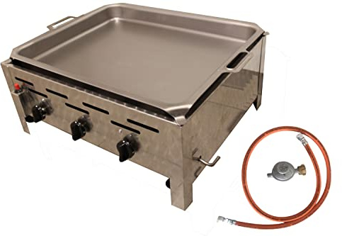 BSR-Grillen 3-flammiger Profi Gasgrill aus Edelstahl, stufenlos regelbar, Gasbräter, Gastrogrill, Gastrobräter mit Gasschlauch und Druckminderer (11 kW | Grillpfanne Edelstahl)