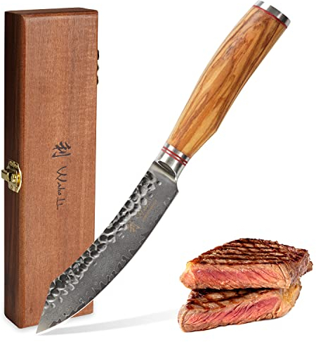 Wakoli Olive HS Steakmesser – 12,5 cm Klinge aus 67 Lagen Damaststahl, VG10-Kern, Härte 60 ± 2 HRC, Hammerschlag-Finish, ergonomischer Olivenholzgriff – präzise Fleischschnitte, geliefert in Holzbox