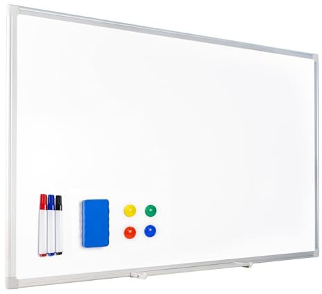 Raylu Paper - Tableau Magnétique Mural Blanc, Cadre Aluminium, Grand Tableau Blanc Effaçable à Sec avec Plateau à Marqueurs, 3 Feutres Effaçable, 4 Aimants, Effaceur et Kit de Montage (90 x 60 cm)